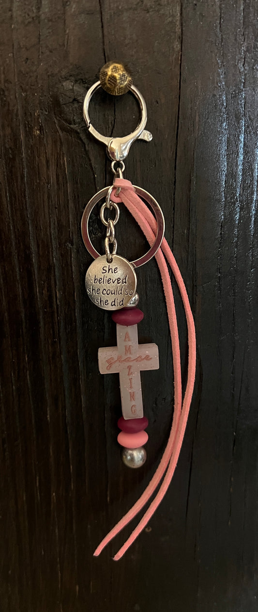 “Amazing Grace” saddle charm (blush pink glitter cross, 2 tone pink/purple beads)