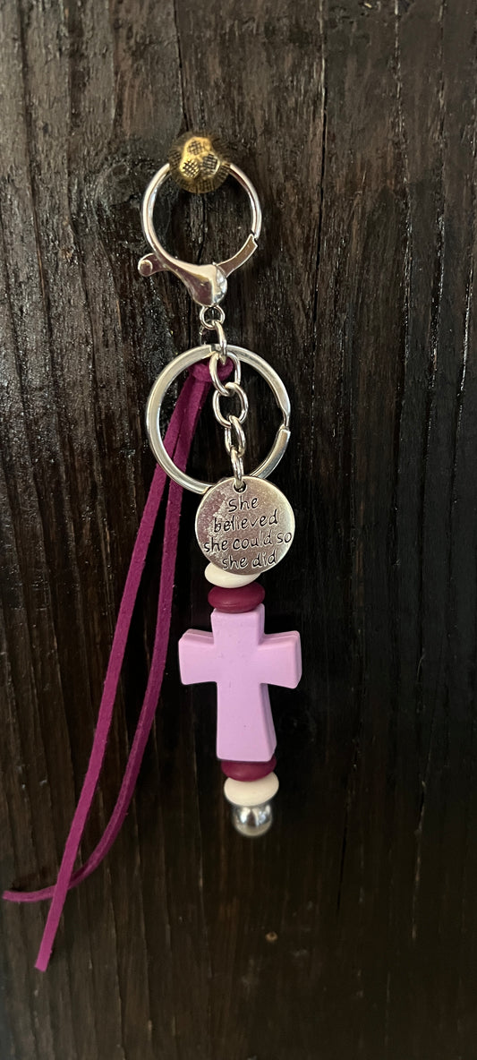 Cross saddle charm (purple cross, purple and white beads)