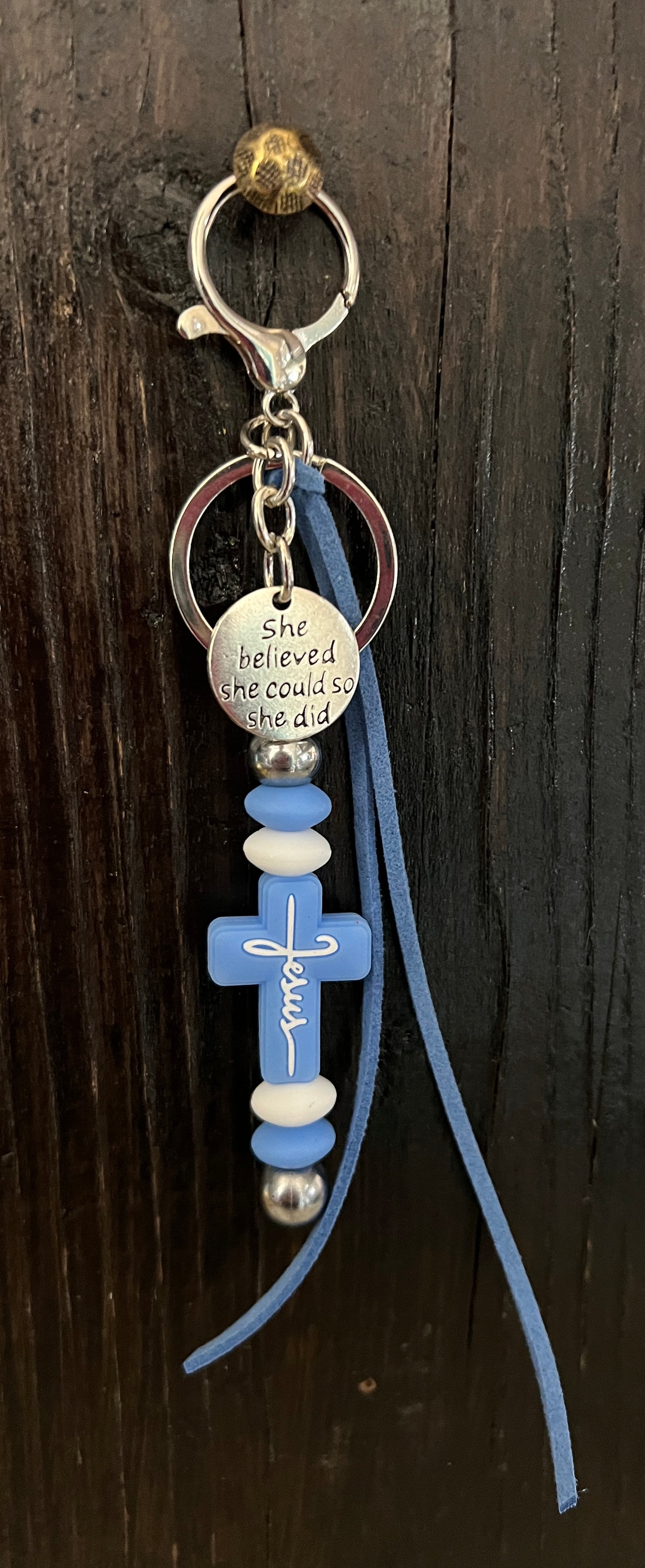 “Jesus” saddle charm (blue cross, blue and white beads)