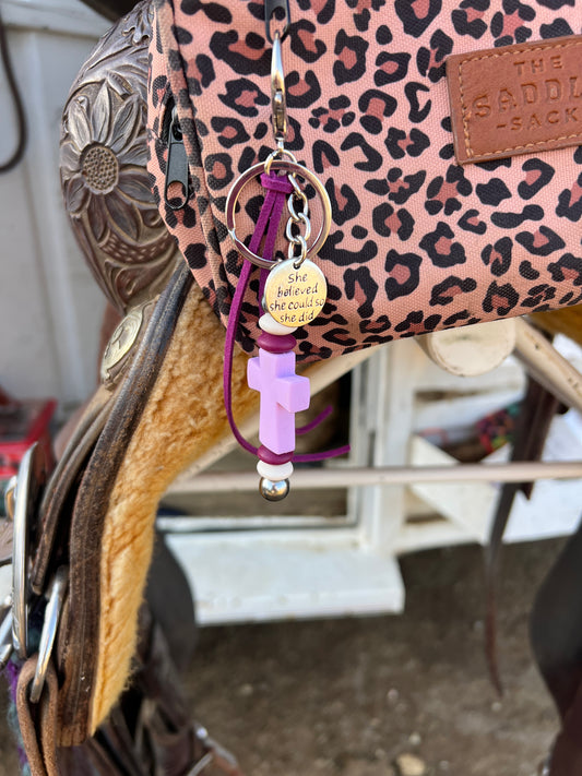 Cross saddle charm (purple cross, purple and white beads)