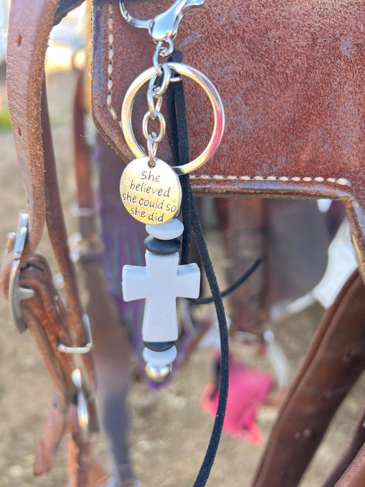 Cross saddle charm (light gray cross, black and gray beads)