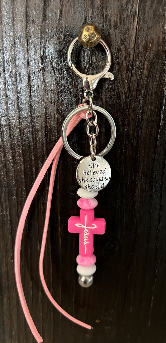 “Jesus” Saddle Charm (Hot pink cross, pink & white beads)