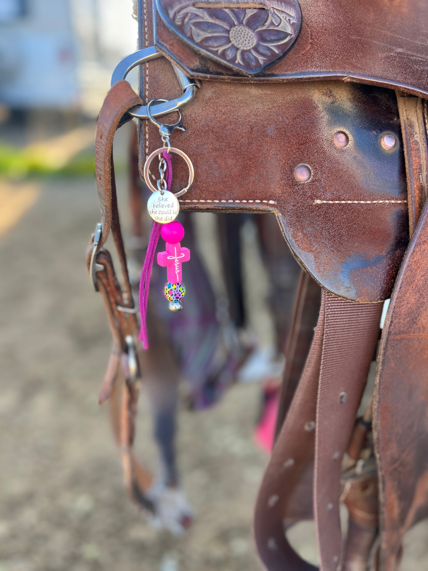 “Jesus” saddle charm (hot pink cross, pink and party cheetah beads)