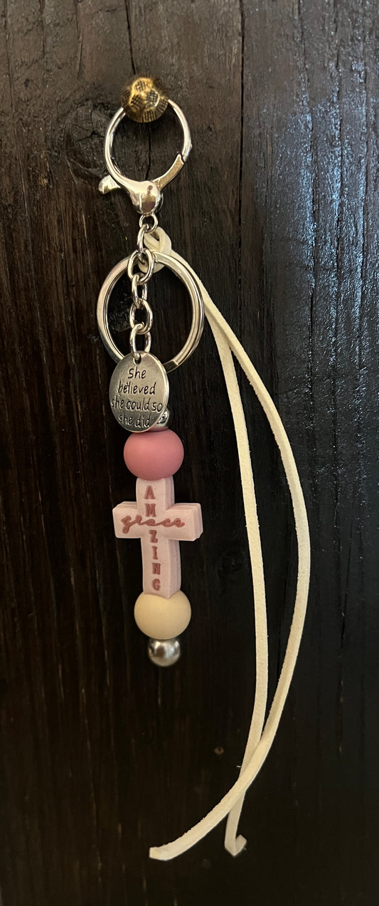 “Amazing Grace “ saddle charm (blush pink cross, pink and cream beads)