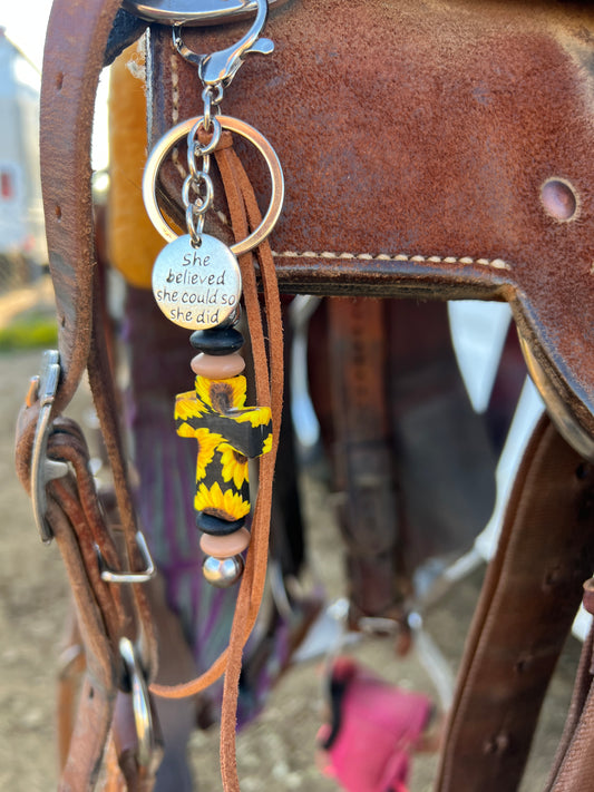 Sunflower cross saddle charm (sunflower print cross, black and brown beads)