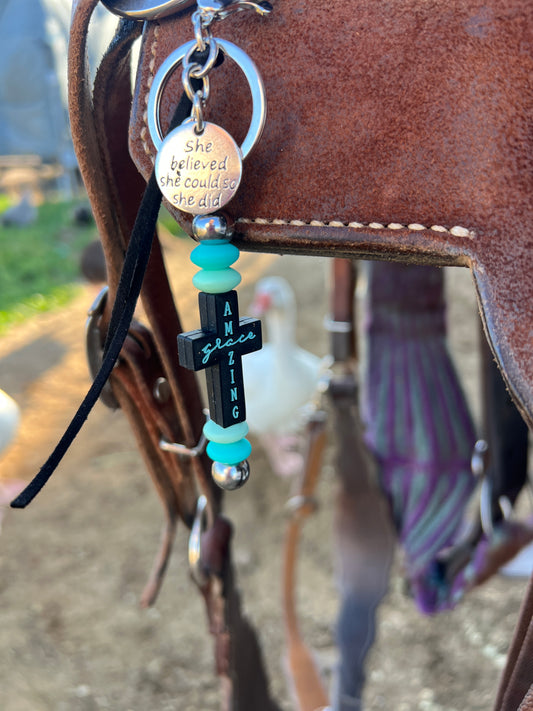 “Amazing Grace” saddle charm (Black cross, turquoise beads)