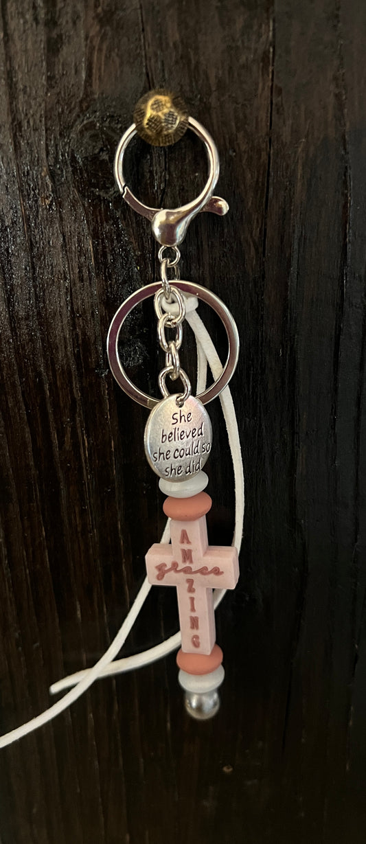 “Amazing Grace “ saddle charm (blush pink cross, pink and white beads)