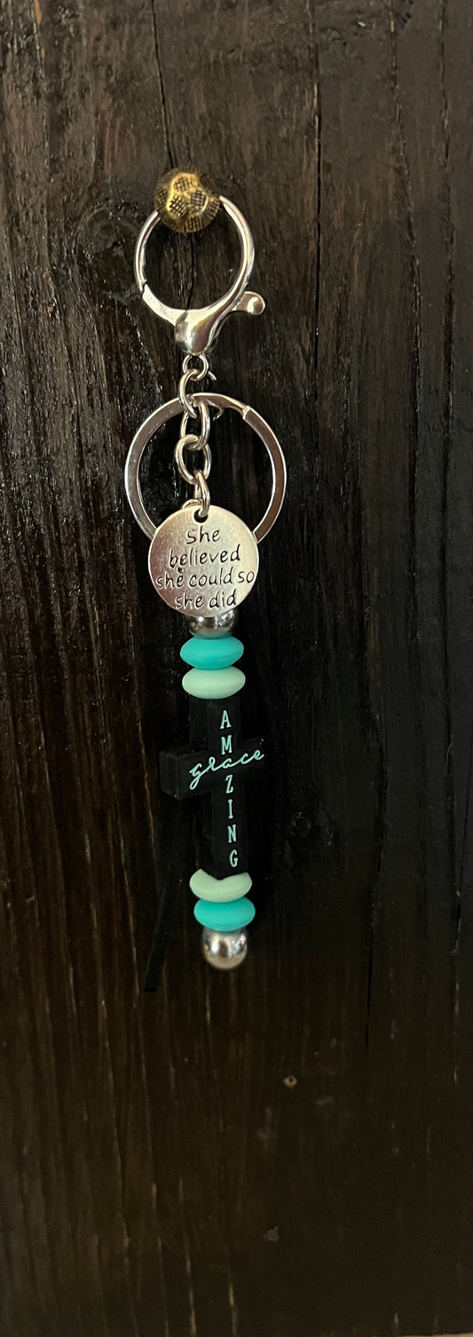 “Amazing Grace” saddle charm (Black cross, turquoise beads)