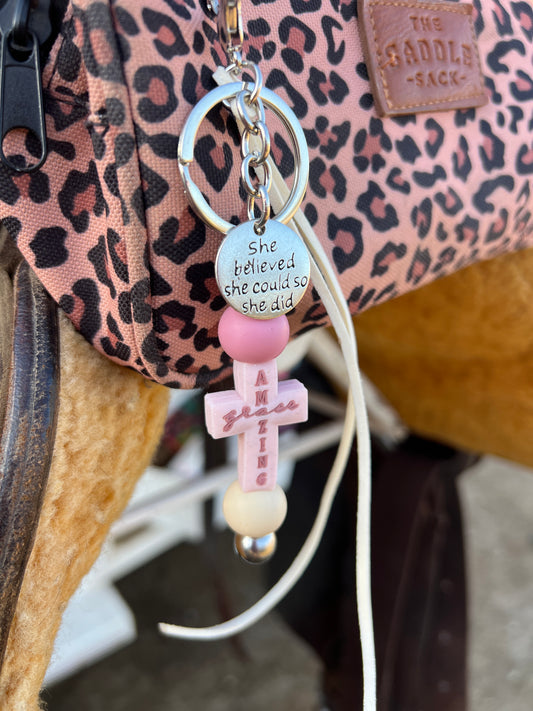 “Amazing Grace “ saddle charm (blush pink cross, pink and cream beads)