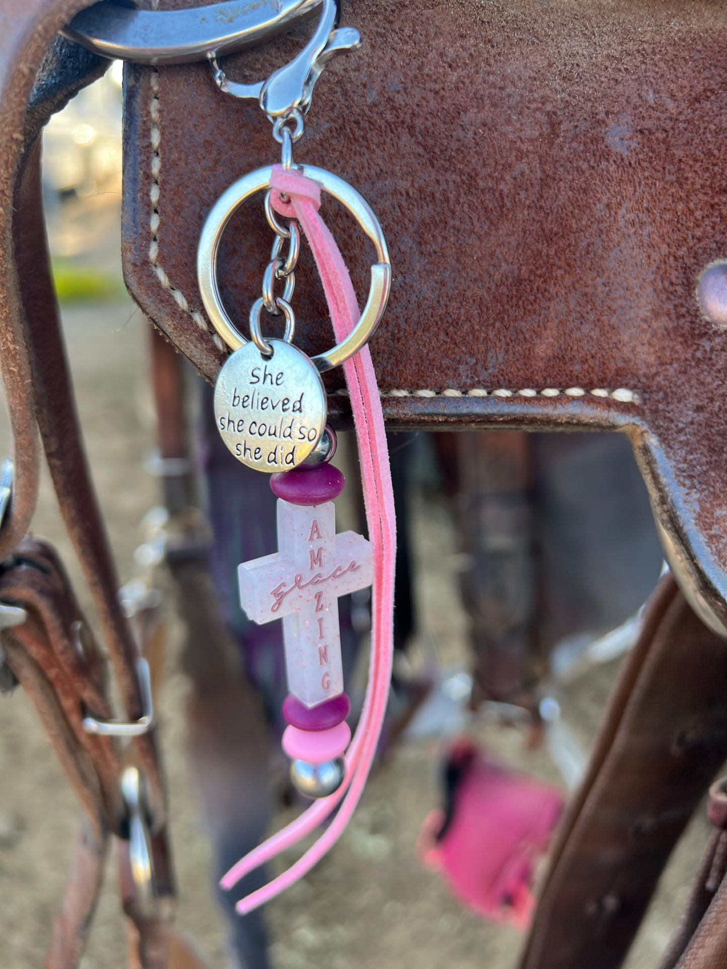 “Amazing Grace” saddle charm (blush pink glitter cross, 2 tone pink/purple beads)