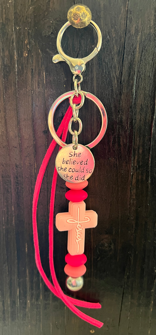 “Jesus” saddle charm (light pink cross, pink beads)