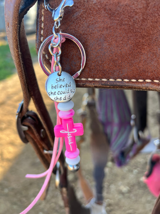 “Jesus” Saddle Charm (Hot pink cross, pink & white beads)