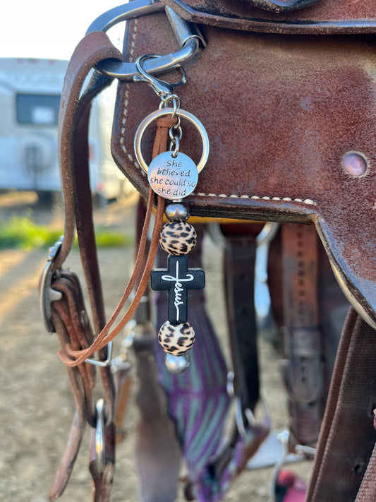 “Jesus” saddle charm (Black cross/cheetah beads)