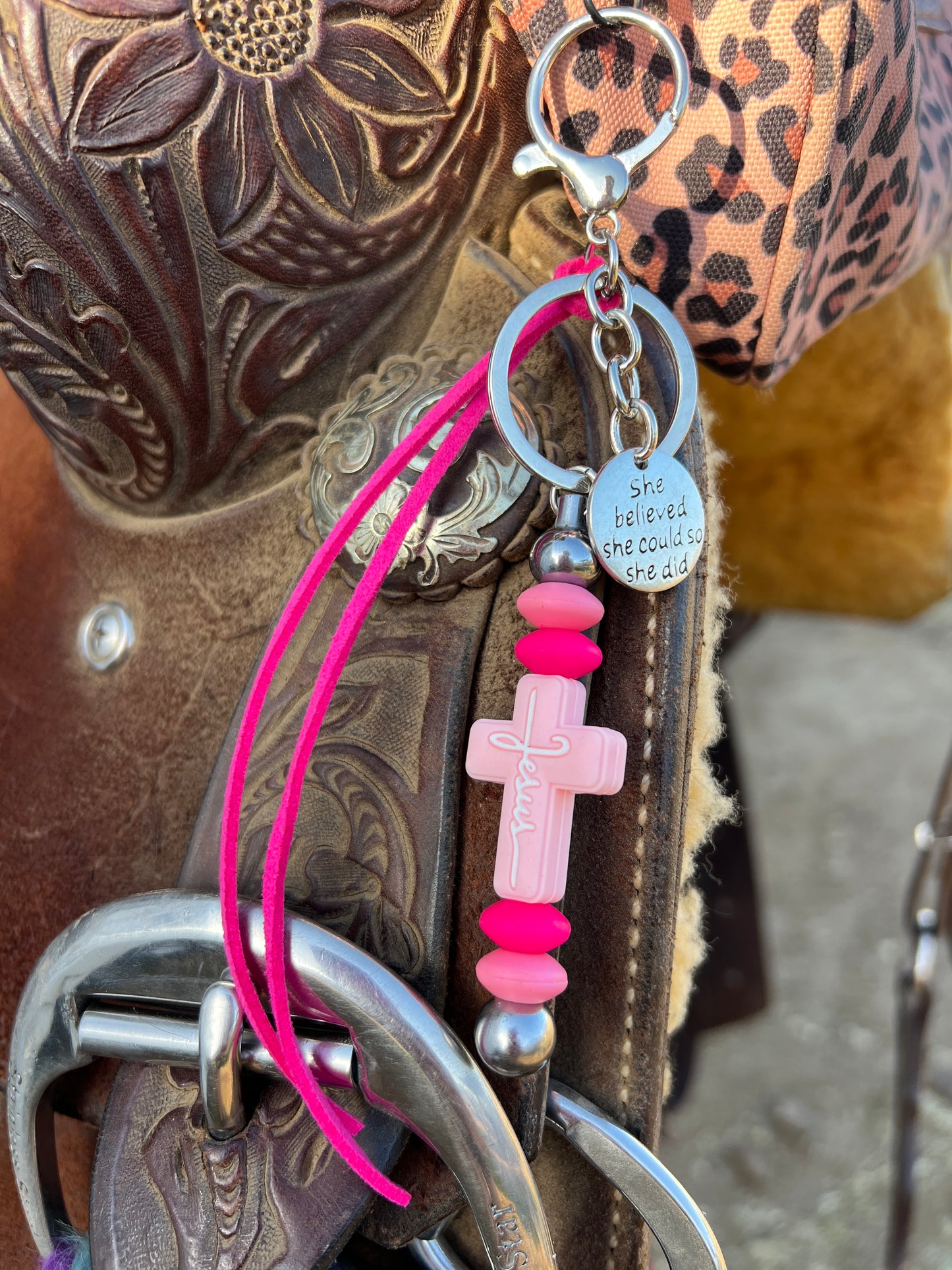 “Jesus” saddle charm (light pink cross, pink beads)
