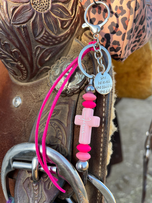 “Jesus” saddle charm (light pink cross, pink beads)