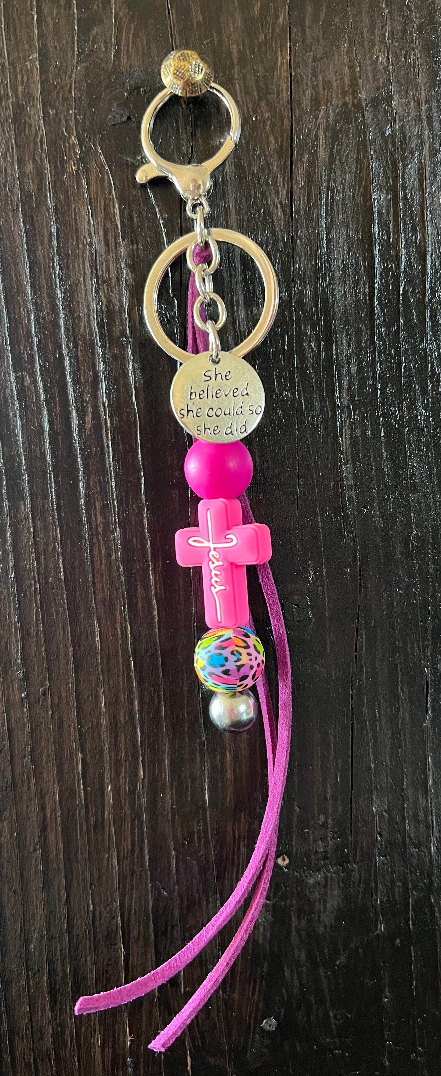 “Jesus” saddle charm (hot pink cross, pink and party cheetah beads)