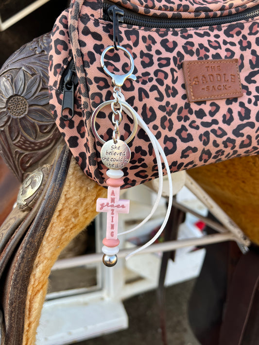 “Amazing Grace “ saddle charm (blush pink cross, pink and white beads)