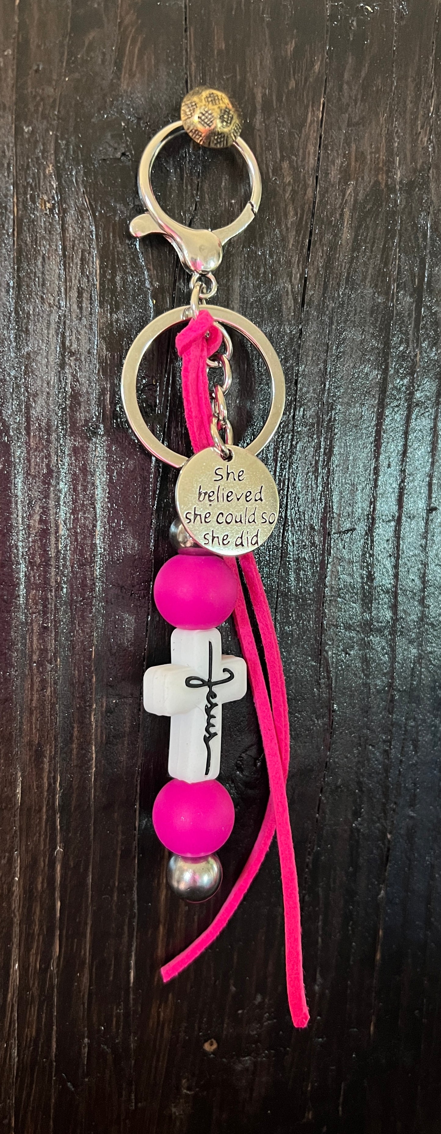 “Jesus” saddle charm (white cross, pink beads)